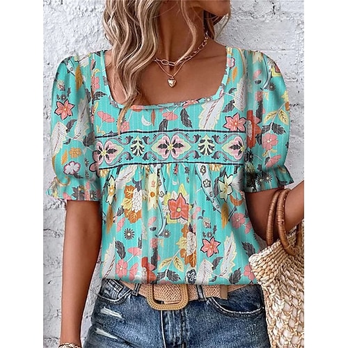 

Women's T shirt Tee Blue Floral Button Cut Out Short Sleeve Holiday Weekend Basic Square Neck Regular Floral Painting S