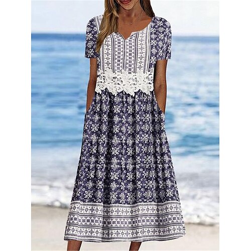 

Women's Casual Dress Summer Dress Print Dress Floral Lace Patchwork Split Neck Midi Dress Fashion Modern Outdoor Daily Short Sleeve Regular Fit Purple Summer Spring S M L XL XXL