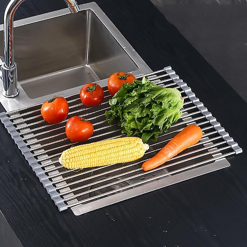 Stainless Steel Sink Drain Rack Roll Up Dish Food Drying Drainer