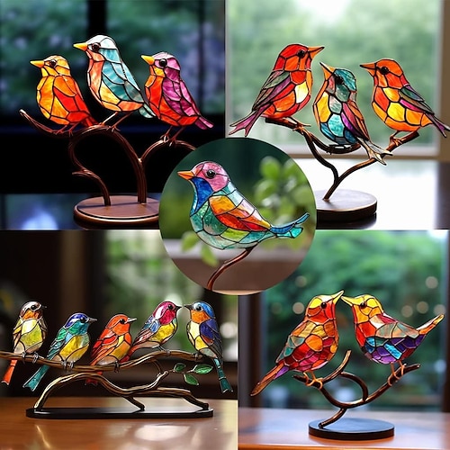 

Stained Glass Birds On Branch Desktop Ornaments,Metal Flat Vivid Birds Decorations On Branch,Double Sided Multicolor Hummingbird Craft Statue Table Gift for Bird Lovers