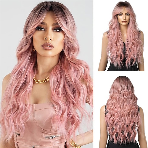 parrucca rosa pallido ondulata lunga per parrucca da donna con frangia, capelli sintetici ricci, fibra resistente al calore dall'aspetto naturale per l'abbigliamento quotidiano da cosplay