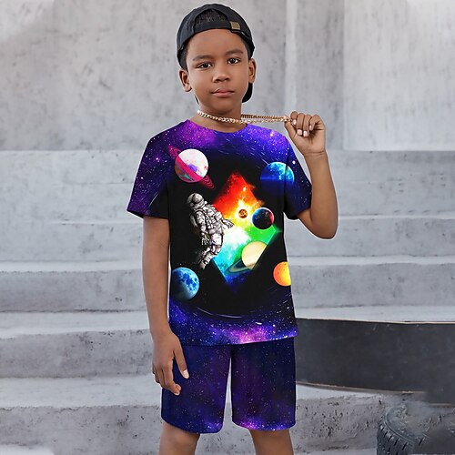 

2 Peças Infantil Para Meninos T-shirt Shorts Conjuntodet-shirts Conjunto Equipamento Gráfico Galáxia Astronauta Manga Curta Crewneck Definir Ao ar livre Impressões 3D Ativo Esportes Moda Verão