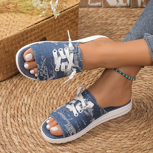 

Women's Sandals Slippers Comfort Shoes Plus Size Sports Sandals Daily Beach Walking Summer Flat Heel Open Toe Casual Minimalism Denim Loafer Solid Color Black Dark Blue Light Blue