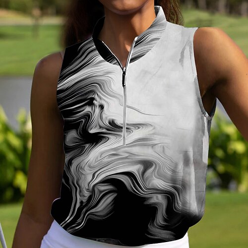 

Mulheres Camisa polo de caminhada Camisa de golfe Respirável Secagem Rápida Pavio Humido Sem Manga Vestuário de golfe Roupas de golfe Normal Zíper Colarinho Alto Árvores / Folhas Estampado Verão