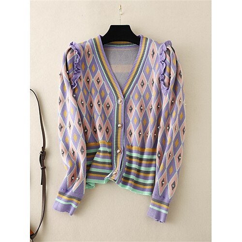 

Damen Strickjacke Strickwaren Gehäkelt Stricken Taste Bedruckt Plaid V Ausschnitt Stilvoll Brautkleider schlicht Täglich Ausgehen Frühling Herbst Purpur Grün Einheitsgröße