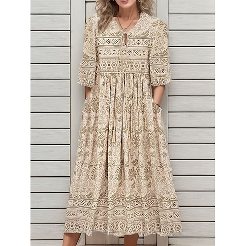 

Women's Casual Dress A Line Dress Summer Dress Floral Lace up Patchwork Shirt Collar Midi Dress Fashion Streetwear Outdoor Daily 3/4 Length Sleeve Loose Fit Khaki Summer Spring S M L XL XXL