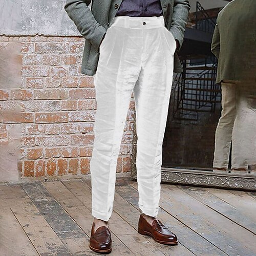 Men's Retro Linen Straight Suit Pants Casual High Waist Trousers
