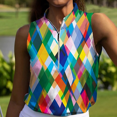 

Mulheres Camisa polo de caminhada Camisa de golfe Respirável Secagem Rápida Pavio Humido Sem Manga Vestuário de golfe Roupas de golfe Normal Zíper Colarinho Alto Geometria Verão Tênis Golfe Pickleball