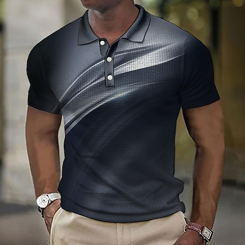 

Men's Waffle Polo Shirt Button Up Polos Lapel Polo Polo Shirt Golf Shirt Graphic Prints Geometry Linear Turndown Wine Navy Blue Blue Green Gray Outdoor Street Short Sleeve Print Clothing Apparel
