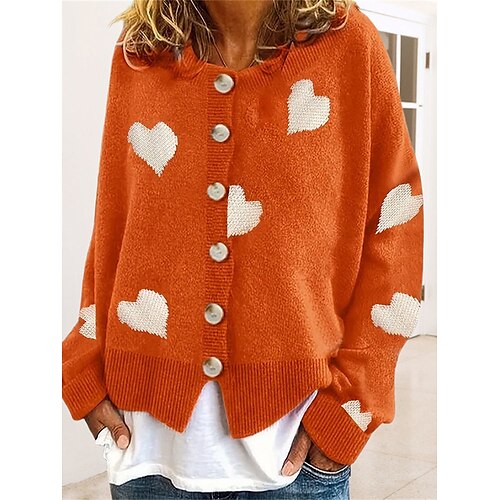 

Women's Cardigan Sweater Jumper Ribbed Knit Button Heart Crew Neck Stylish Casual Outdoor Daily Spring Fall Black Orange S M L