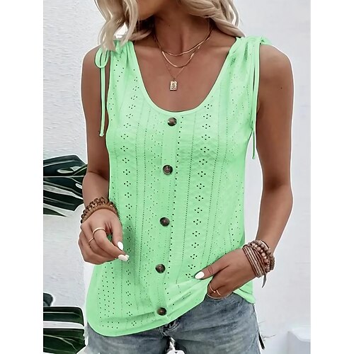 

Damen Tank Top Purpur Grün Glatt mit Schnürung Taste Ärmellos Casual Basic U-Ausschnitt Standard S