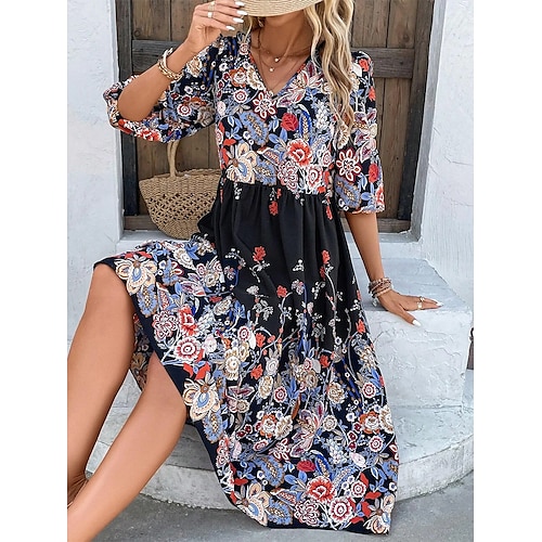 

Tenue décontractée Robe Évasée Robe d'été Femme Floral Imprimer Col V Mode Elégant Extérieur du quotidien Demi Manches Ample Bleu Eté Printemps S M L XL XXL