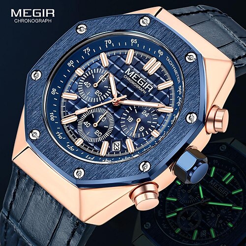 

MEGIR Sport Watch for men Blue Leather Strap Waterproof Chronograph Quartz Wristwatch with Luminous Hands 24-hour Auto Date 2213