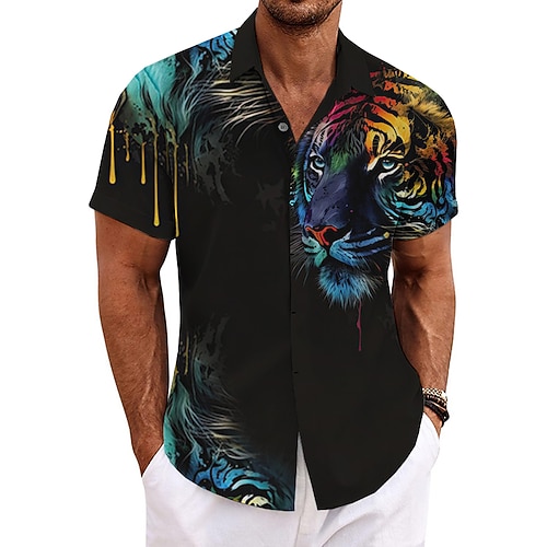 

Hombre Camisa camisa de lino Animal Tigre Estampados Cuello Vuelto Rojo Azul Piscina Verde Trébol Gris Exterior Calle Mangas cortas Estampado Ropa Lino Moda Design Casual Suave