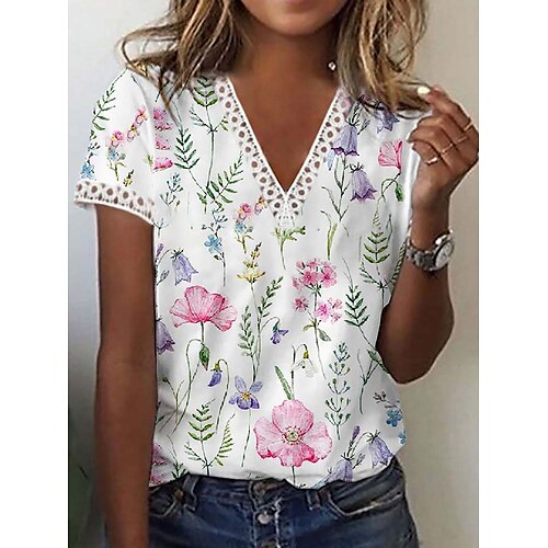 

Damen T Shirt Hellblau Schwarz Weiß Blumen Spitzenbesatz Bedruckt Kurzarm Festtage Wochenende Basic V Ausschnitt Standard Blume Farbe S