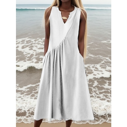 

Women's Casual Dress Cotton Linen Dress Midi Dress Cotton Blend Fashion Basic Outdoor Daily Vacation V Neck Ruched Pocket Sleeveless Summer Spring 2023 Loose Fit Black White Blue Plain S M L XL 2XL