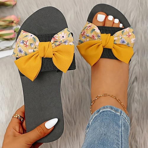 

Femme Sandales Chaussons Tongs Chaussures de confort Grandes Tailles du quotidien Plage Marche Eté Noeud Talon Plat Bout ouvert Le style mignon Décontractées Confort Satin Mocassins Floral Noir Jaune