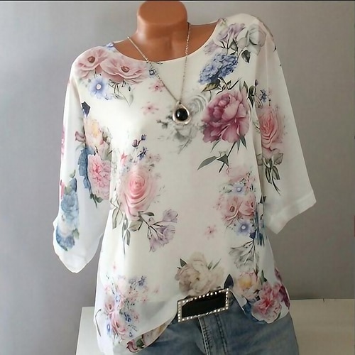 

Damen Hemd Bluse Weiß Gelb Rosa Blumen Bedruckt Kurzarm Casual Festtage Basic Rundhalsausschnitt Standard Blume S