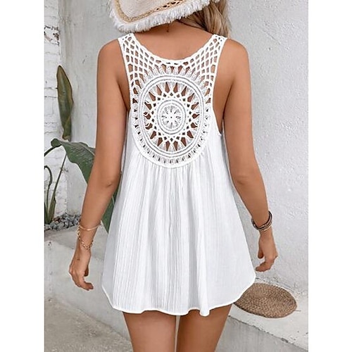 

Women's Tank Top White Plain Lace Cut Out Sleeveless Casual Streetwear V Neck Regular S