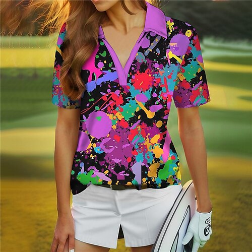 

Damen poloshirt Golfhemd Atmungsaktiv Schnelltrocknend Feuchtigkeitsableitung Kurzarm Golfbekleidung Golfkleidung Regular Fit V-Ausschnitt Batik Sommer Tennis Golfspiel Pickleball