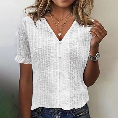 

Chemise Chemisier Femme Blanche Plein Bouton Manche Courte Casual basique Col V Normal Coton Standard S