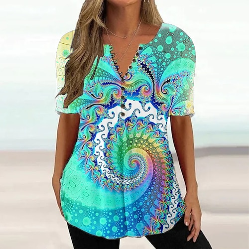 

Mulheres Camiseta Blusa Vinho Vermelho Azul Gráfico Botão Imprimir Manga Curta Casual Básico Decote Redondo Padrão S