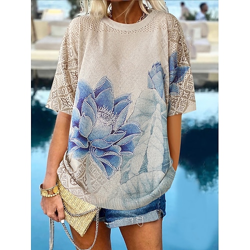 

Damen Pullover Strickwaren Gerippt Stricken Ausgehöhlt Bedruckt Blumen Rundhalsausschnitt Stilvoll Brautkleider schlicht Outdoor Täglich Sommer Frühling Blau XL