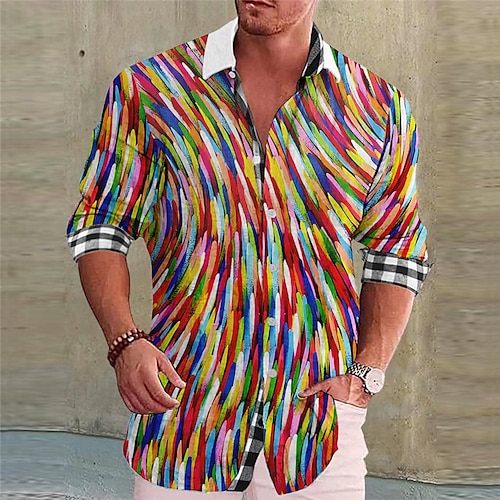 

Homens Camisa Social camisa de linho Estampas Abstratas Aberto para a Lateral Verde Claro Vermelho Azul Roxo Verde Ao ar livre Rua Manga Longa Imprimir Roupa Linho Moda Roupa de rua Designer Casual