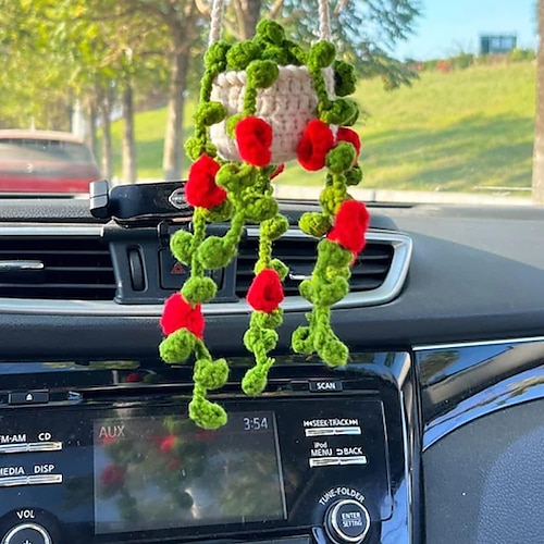 

Gehäkelte Hängepflanze fürs Auto, süßes Autopflanzenzubehör, gestrickte Pflanze für den Autospiegel, Boho-Autopflanzen-Häkelkorb