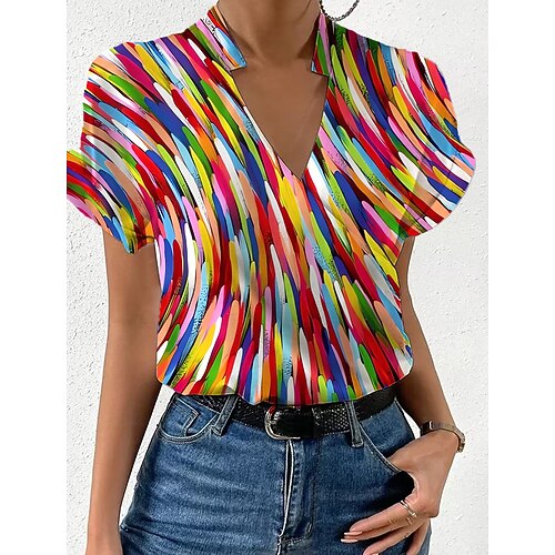 

Women's Shirt Blouse Blue Orange Green Graphic Print Short Sleeve Casual Basic V Neck Regular S
