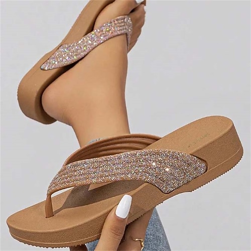 

Mulheres Sandálias Chinelos Sandálias de dedo Sapatos Confortáveis Sandálias de dedo Chinelos de praia Diário Praia Verão Lantejoulas Sem Salto Dedo Aberto Clássico Casual Boêmia PVC Mocassim Côr