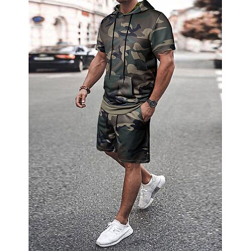 

Homens Roupas de 2 peças Camiseta e shorts com capuz e cordão Côr Camuflagem Gola Redonda Roupa Diária Férias Manga Curta 2 Peças Roupa Ginástica Casual