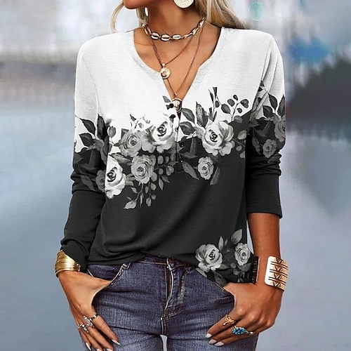 

Mulheres Camiseta Blusa Preto Vermelho Azul Gráfico Floral Botão Imprimir Manga Longa Casual Básico Decote V Padrão Tema Flores S