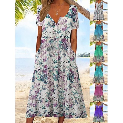 

Mulheres Vestido casual Vestido de verão Vestido estampado Gráfico Floral Botão Bolsos Pescoço Dividido Vestido midi Moda Clássico Diário Feriado Manga Curta Ajuste Largo Branco Azul Roxo Verão