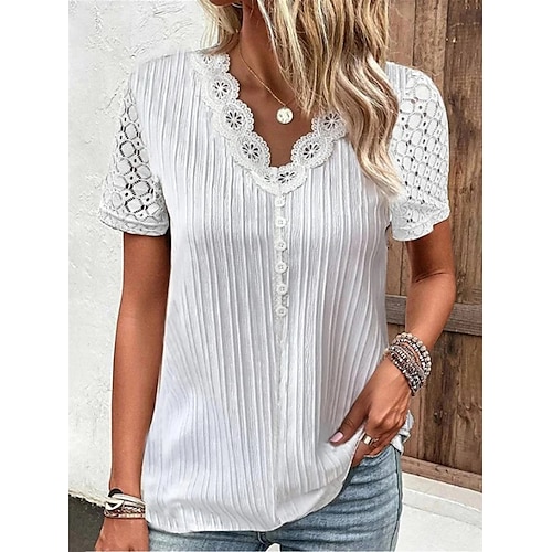 

T shirt Tee Femme Blanche Plein Dentelle Bouton Manche Courte du quotidien Fin de semaine basique Col V Normal Standard S