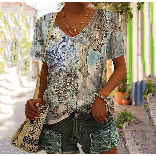 

T shirt Tee Femme Jaune Bleu Violet Floral Imprimer Manche Courte Vacances Fin de semaine basique Col V Normal Standard Fleur Peinture S
