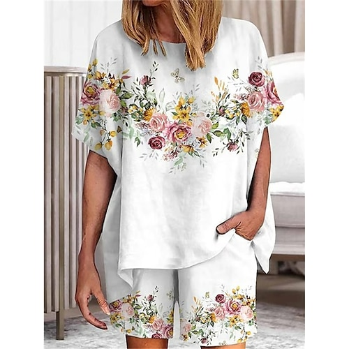 

Mulheres Camisa Social Conjuntos de shorts Shorts Abaixo do Joelho Roupa de rua Branco Casual Feriado Floral Imprimir Gola Redonda S M L XL 2XL