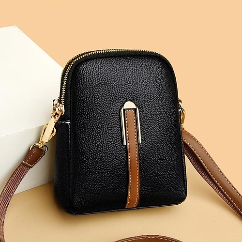 1pc Color Block Pu Leather Crossbody Bag With Zipper, Suitable For