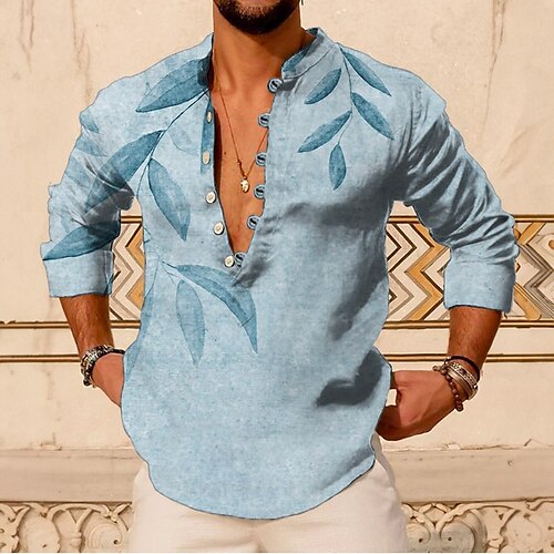 

Homme Chemise Chemise Lin Imprimés Photos Feuilles Mao Bleu Vert Gris Extérieur Plein Air manche longue Imprimer Vêtement Tenue Lin Mode Vêtement de rue Design Décontractées