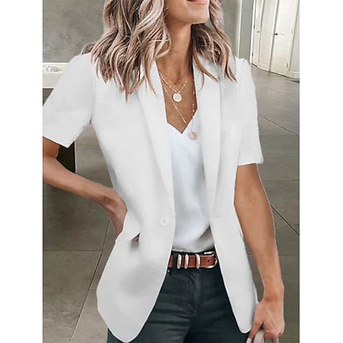 

Women's Blazer Clean Fit Formal Office Work Summer Spring Regular Coat Regular Fit Breathable Simple Classic Style Modern Style Jacket Short Sleeves Solid Color Pure Color Slim Fit Black White Red