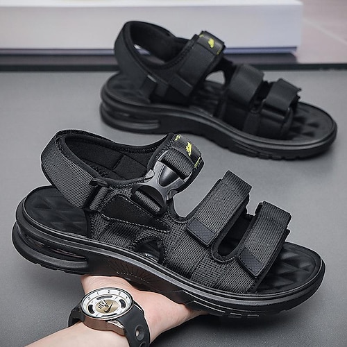 Men's Sandals Leather Shoes Walking Casual Beach Daily Beach Cowhide Breathable Comfortable Slip Resistant Elastic Band Black Summer Spring