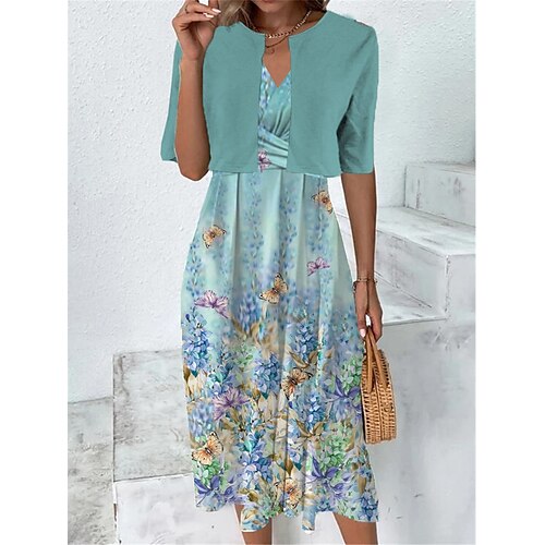 

Mulheres Conjunto de vestido de duas peças Vestido casual Vestido estampado Ao ar livre Diário Moda Moderno Nó Frente Imprimir Vestido midi Decote V Meia Manga Floral Normal Azul Verão Primavera S M