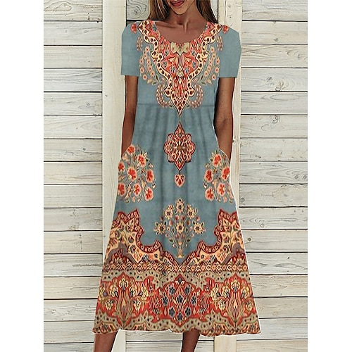 

Mujer Vestimenta casual Vestido Étnico Vestido de verano Floral Tribal Bolsillo Estampado Cuello Barco Vestido Midi Vintage Étnico Exterior Diario Manga Corta Holgado Amarillo Rosa Vino Verano