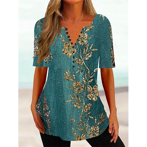 

Chemise Chemisier Femme Bleu Floral Bouton Imprimer Manche Courte Casual basique Col Rond Normal Standard Fleur S