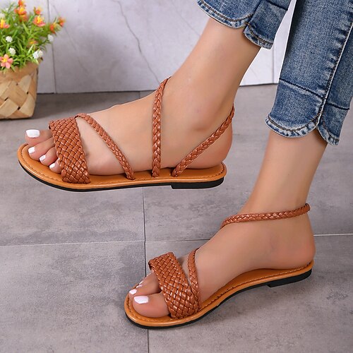 

Femme Sandales Bohème Sandales plates Chaussures de confort du quotidien Marche Talon Plat Bout rond Elégant Décontractées Minimalisme Marche Faux Cuir Mocassins Couleur unie Brun foncé