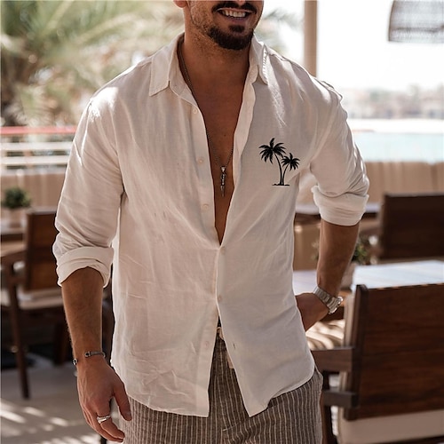 

Hombre Camisa camisa de lino Árbol de coco Estampados Cuello Vuelto Blanco Exterior Calle Manga Larga Estampado Ropa Lino Moda Ropa de calle Design Casual