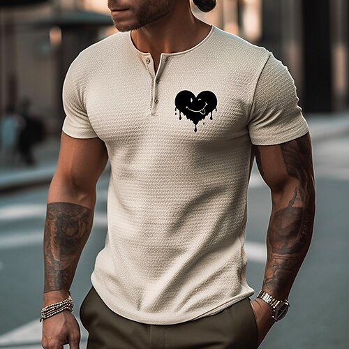 

Homme Chemise Henley gaufrée Graphic Cœur Henley Vêtement Tenue 3D effet Extérieur du quotidien Manche Courte Bouton Mode Design basique