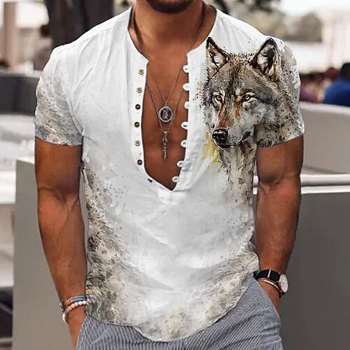 

Homens Camisa Social camisa de linho Animal Lobo Estampas Abstratas Sem Colarinho Amarelo Azul Verde Cinzento Ao ar livre Rua Manga Curta Imprimir Roupa Linho Moda Roupa de rua Designer Casual