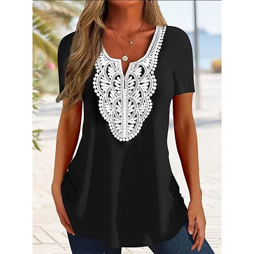 

Women's T shirt Tee Black Plain Lace Short Sleeve Daily Weekend Basic V Neck Regular S