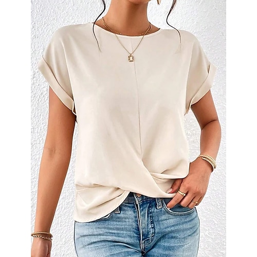 

Women's T shirt Tee Beige Plain Short Sleeve Daily Weekend Basic Round Neck Regular S